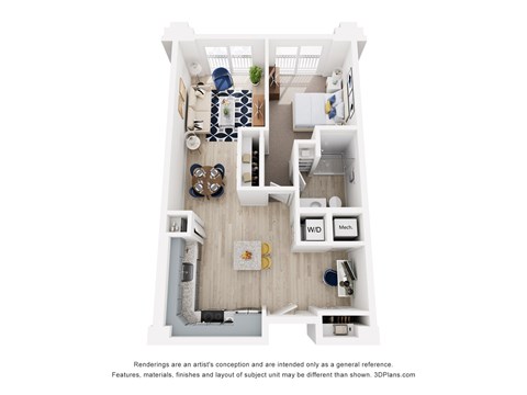 A 3D floor plan of a small one bedroom apartment with a kitchen, living room, den and bathroom.